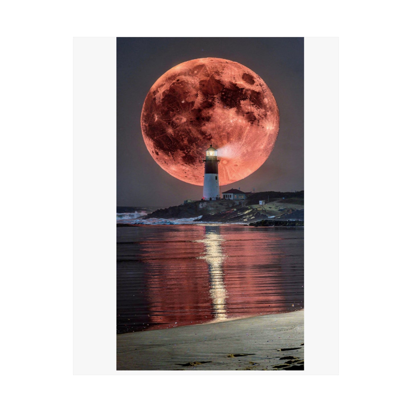 Red Moon Lighthouse Matte Vertical Poster — Surreal Coastal Wall Art