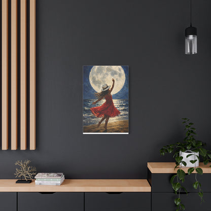 Moonlit Dance Canvas Wall Art – Woman in Red Dress Beach Painting
