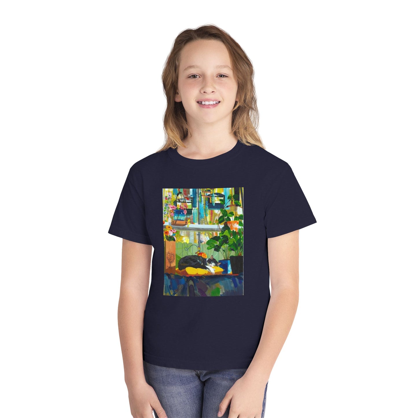 Youth Tee — Cozy Window Cat Print