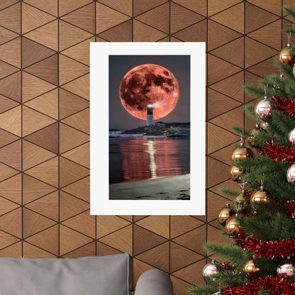 Red Moon Lighthouse Matte Vertical Poster — Surreal Coastal Wall Art