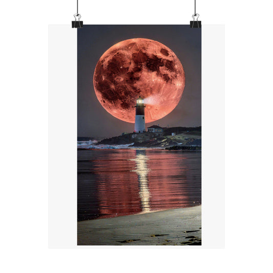Red Moon Lighthouse Matte Vertical Poster — Surreal Coastal Wall Art