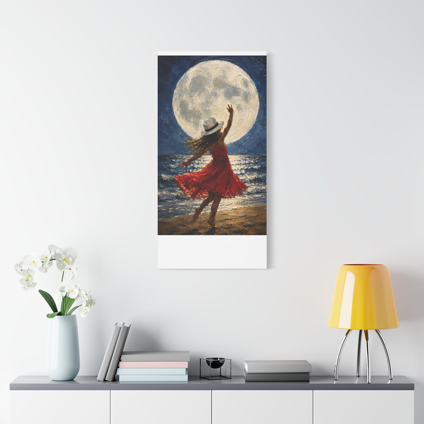 Moonlit Dance Canvas Wall Art – Woman in Red Dress Beach Painting