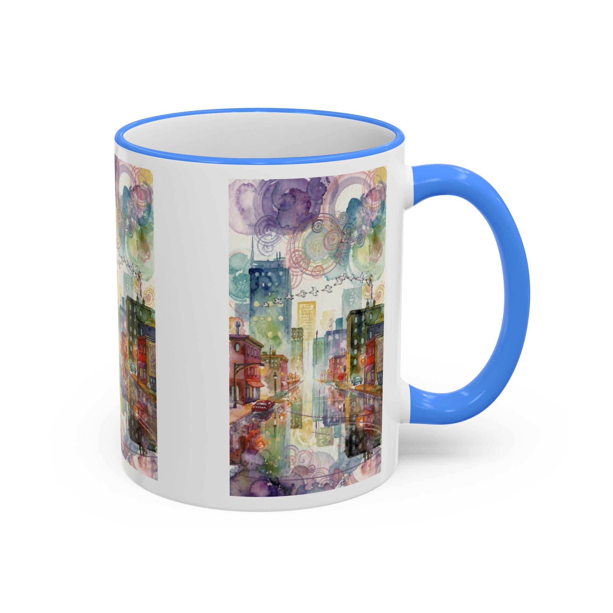 Abstract Cityscape Accent Rim Mug – Colorful Urban Watercolor Coffee Cup (11oz/15oz)