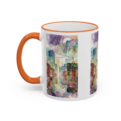 Abstract Cityscape Accent Rim Mug – Colorful Urban Watercolor Coffee Cup (11oz/15oz)