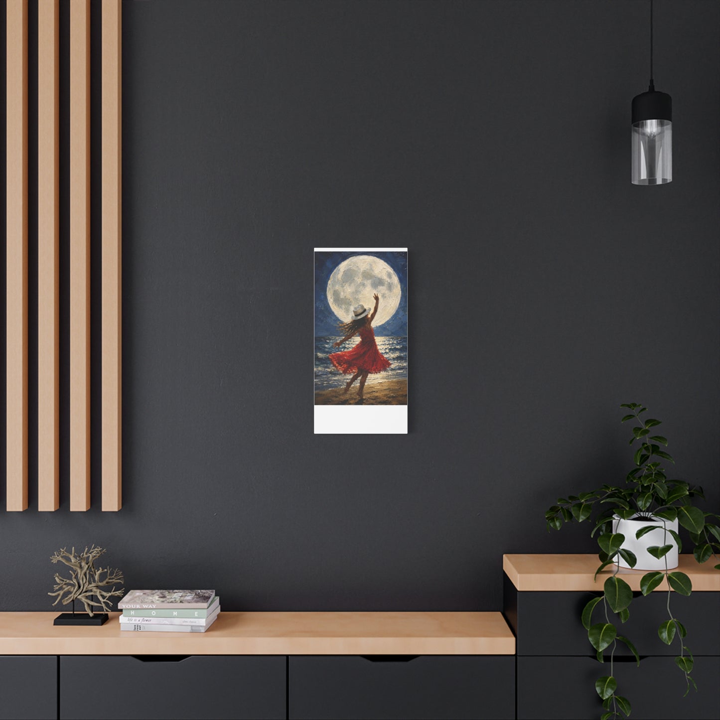 Moonlit Dance Canvas Wall Art – Woman in Red Dress Beach Painting