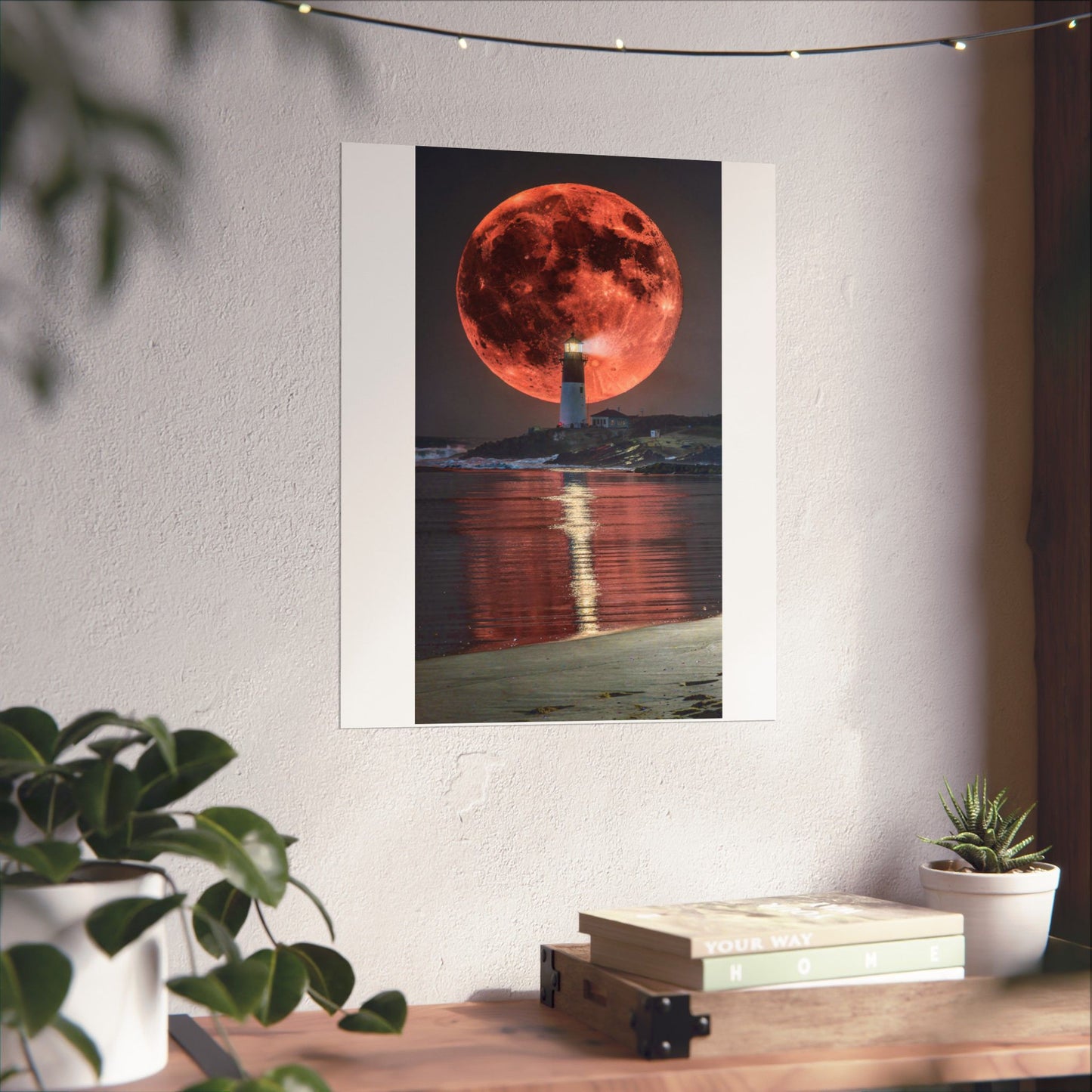 Red Moon Lighthouse Matte Vertical Poster — Surreal Coastal Wall Art