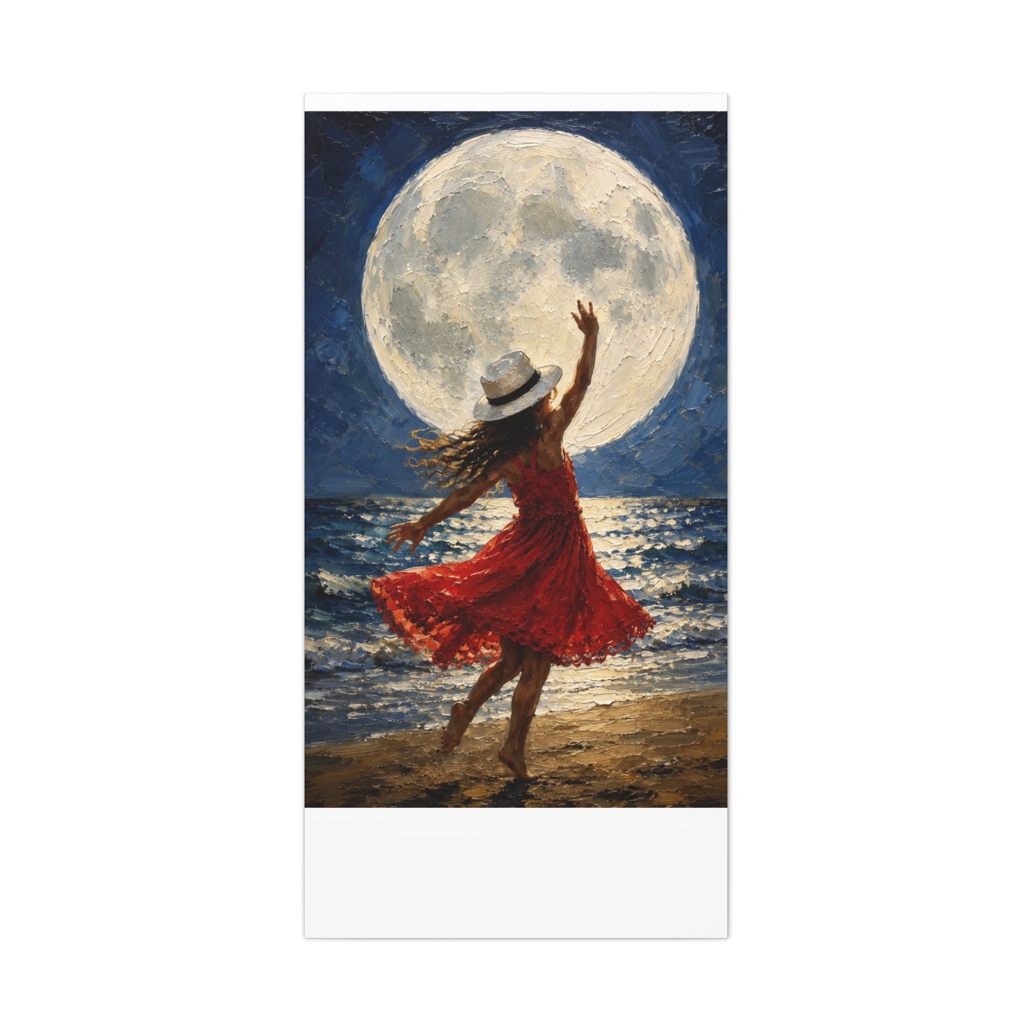 Moonlit Dance Canvas Wall Art – Woman in Red Dress Beach Painting