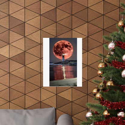 Red Moon Lighthouse Matte Vertical Poster — Surreal Coastal Wall Art