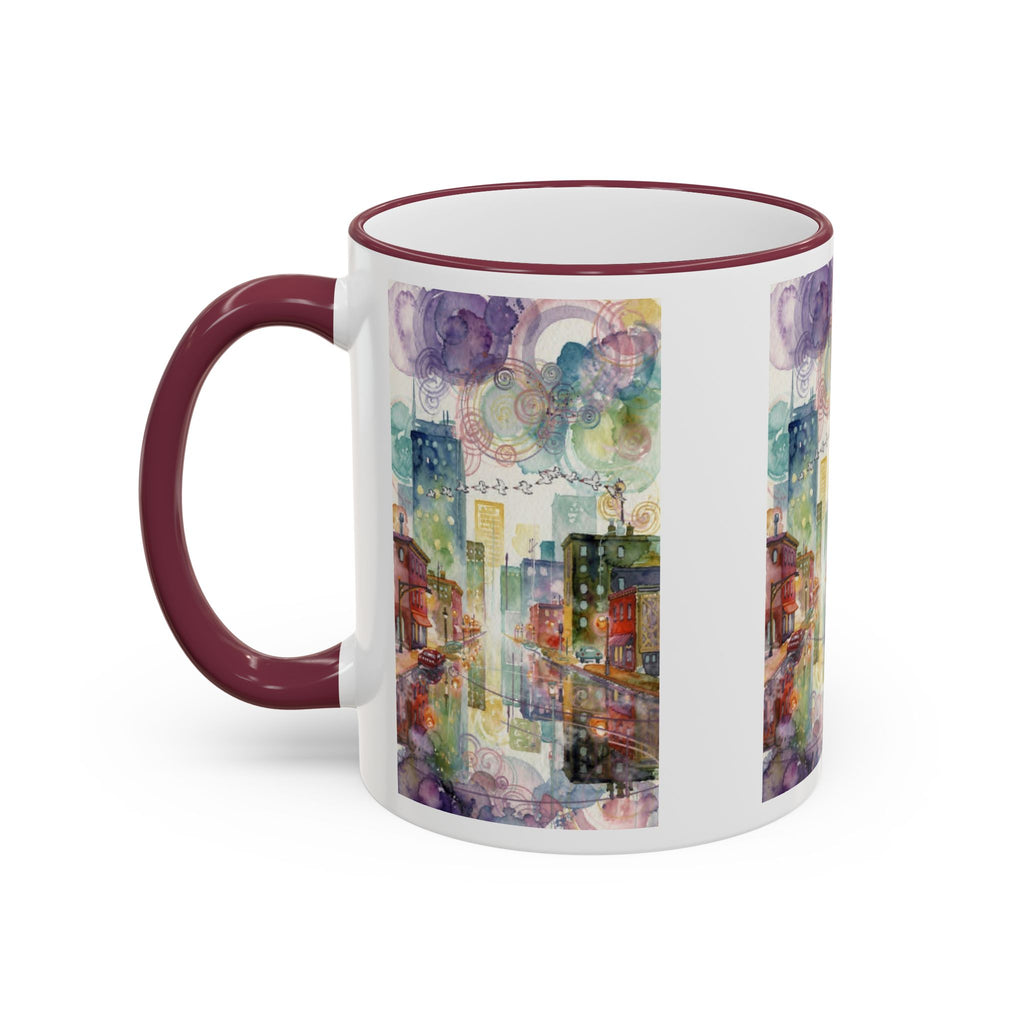 Abstract Cityscape Accent Rim Mug – Colorful Urban Watercolor Coffee Cup (11oz/15oz)