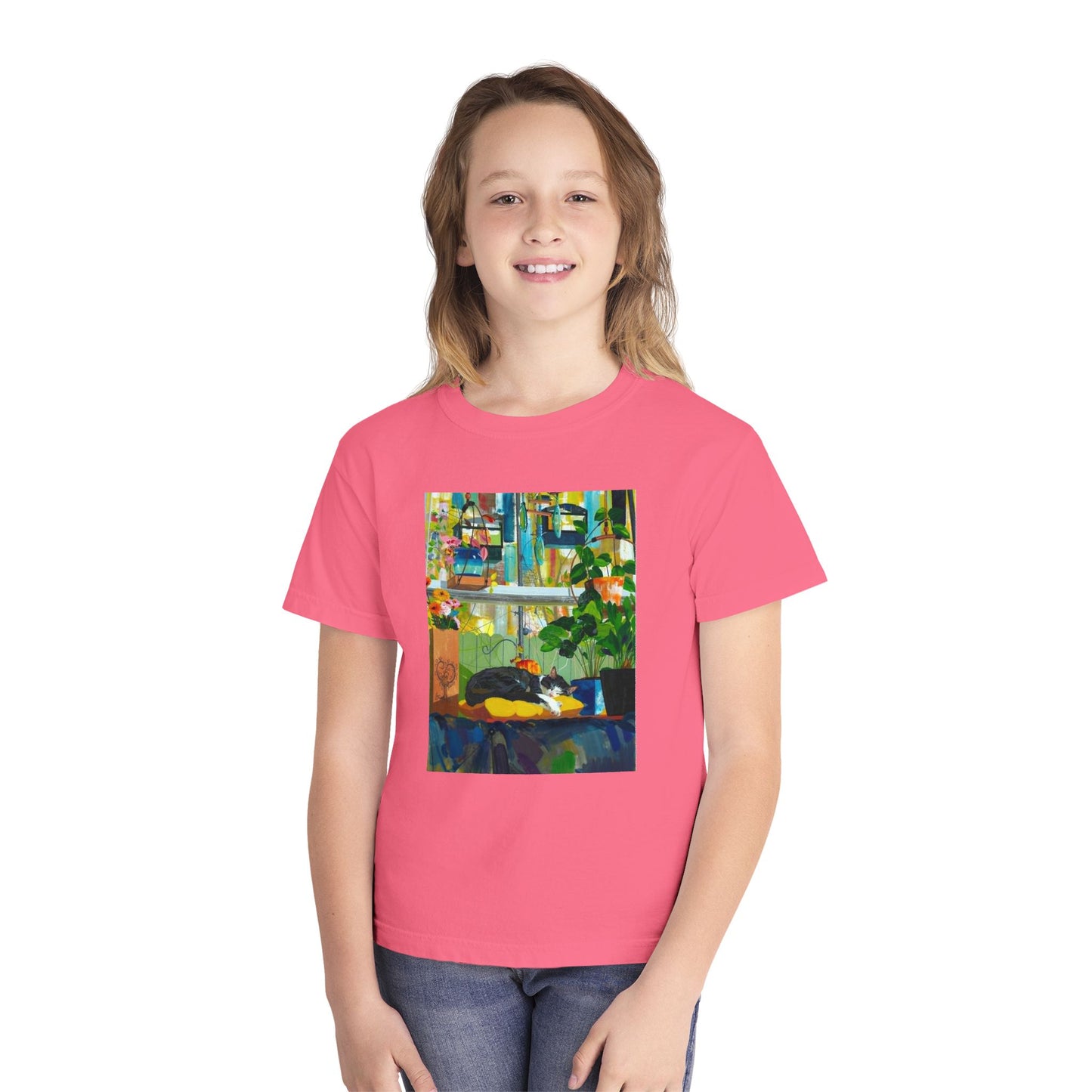 Youth Tee — Cozy Window Cat Print