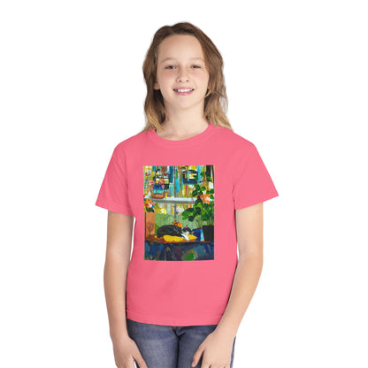 Youth Tee — Cozy Window Cat Print