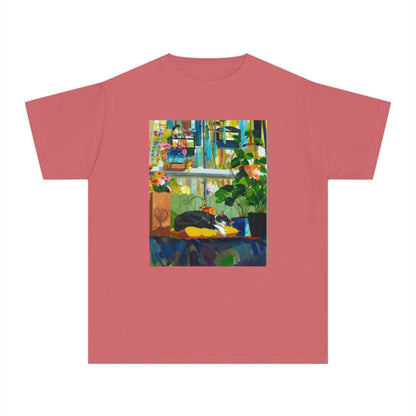 Youth Tee — Cozy Window Cat Print
