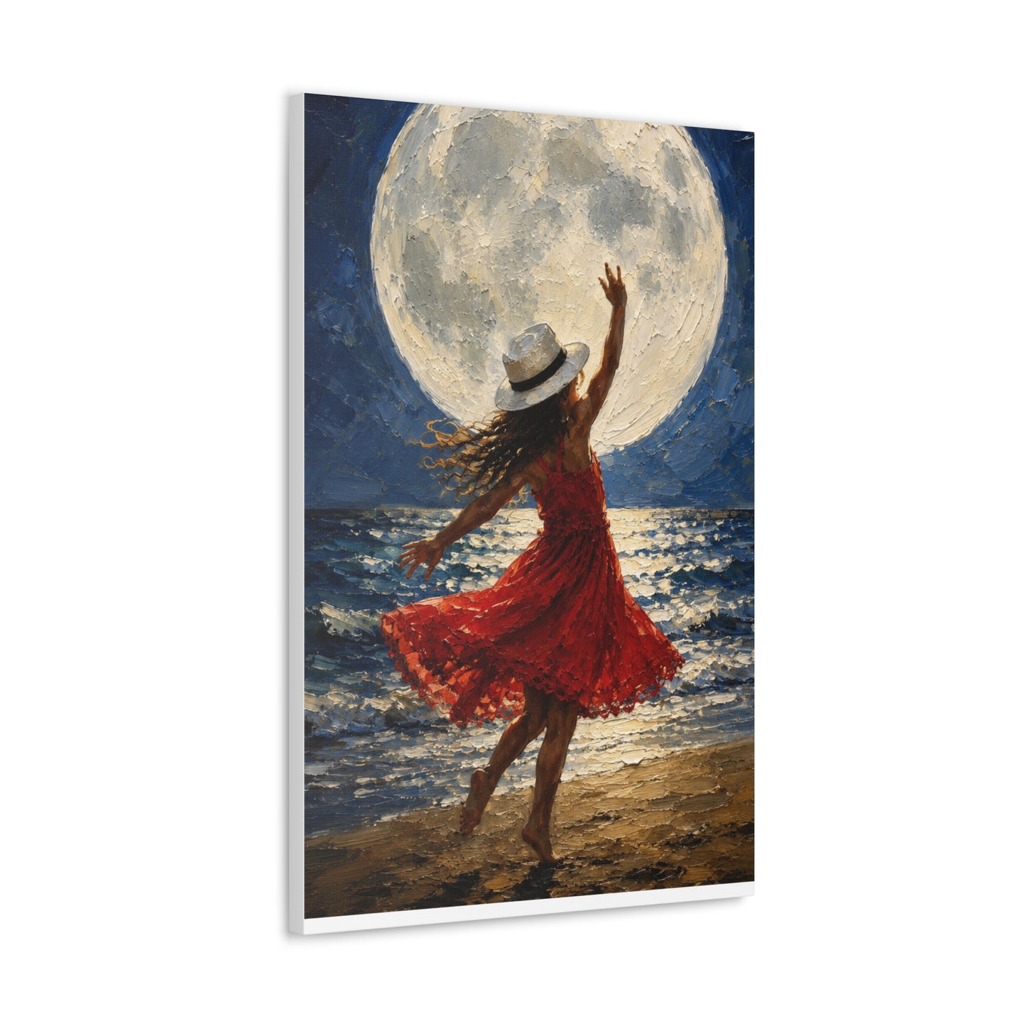 Moonlit Dance Canvas Wall Art – Woman in Red Dress Beach Painting