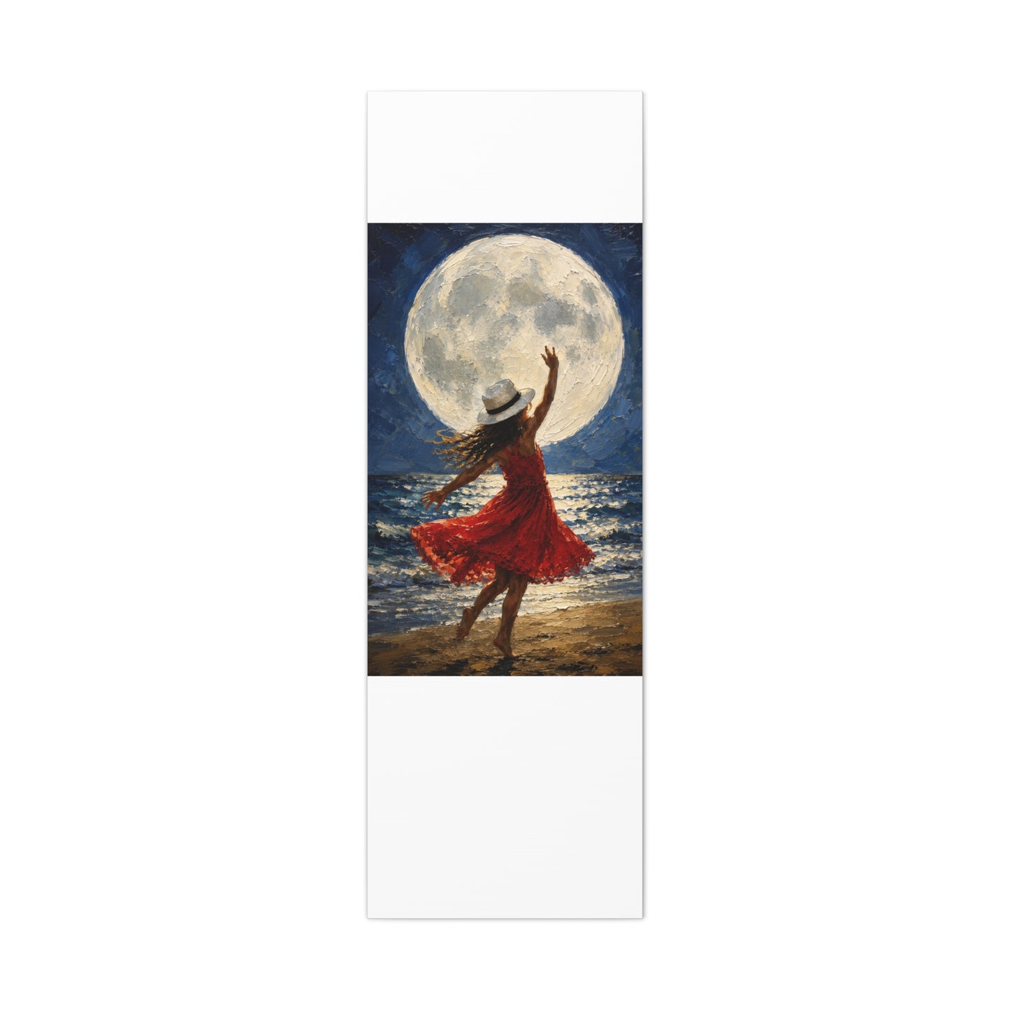 Moonlit Dance Canvas Wall Art – Woman in Red Dress Beach Painting