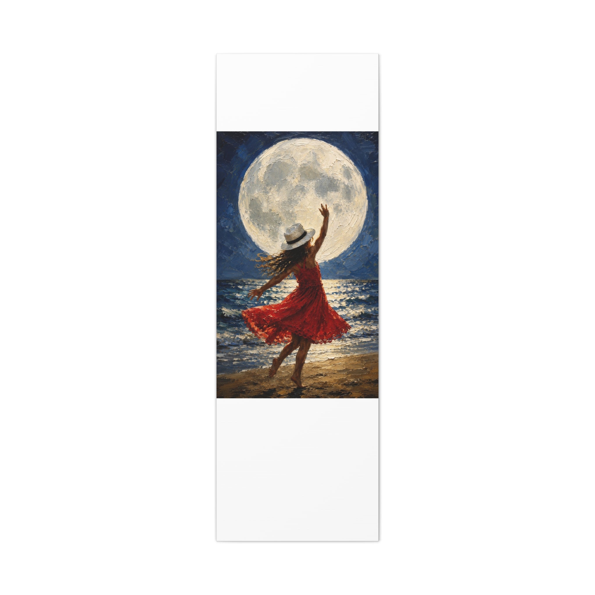 Moonlit Dance Canvas Wall Art – Woman in Red Dress Beach Painting