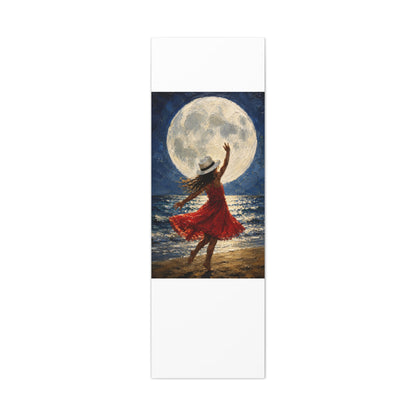 Moonlit Dance Canvas Wall Art – Woman in Red Dress Beach Painting