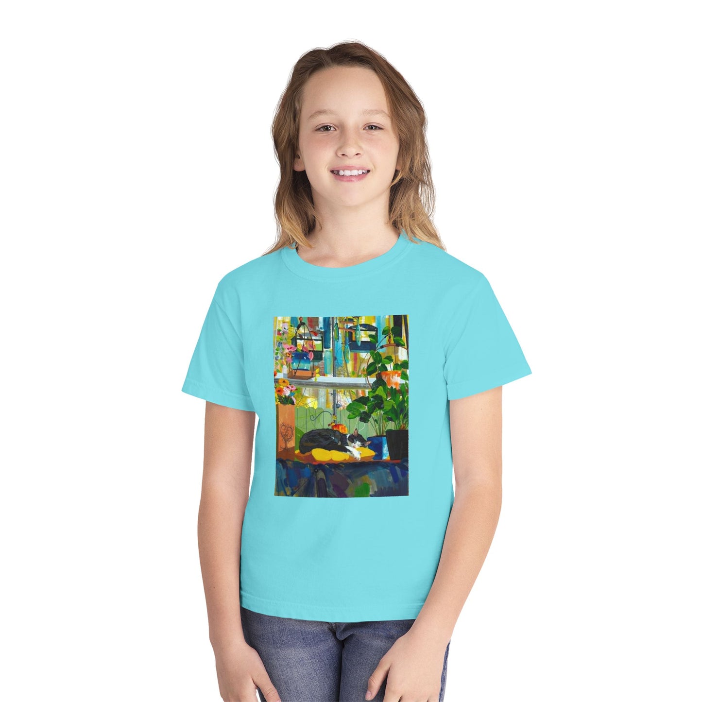Youth Tee — Cozy Window Cat Print