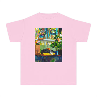 Youth Tee — Cozy Window Cat Print