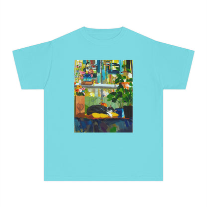 Youth Tee — Cozy Window Cat Print