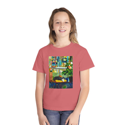 Youth Tee — Cozy Window Cat Print