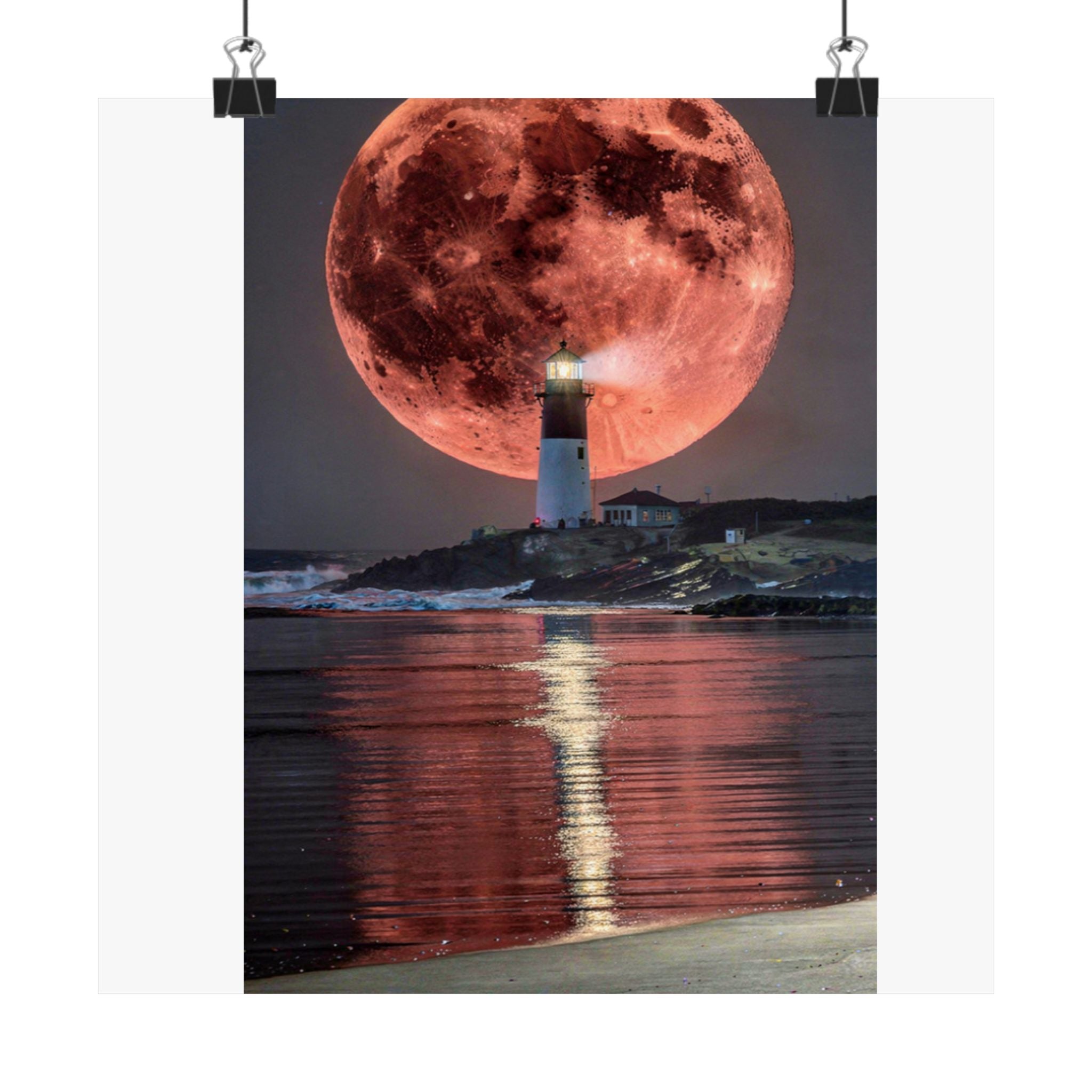Red Moon Lighthouse Matte Vertical Poster — Surreal Coastal Wall Art