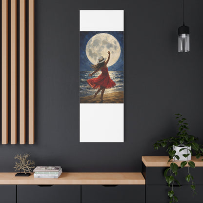Moonlit Dance Canvas Wall Art – Woman in Red Dress Beach Painting