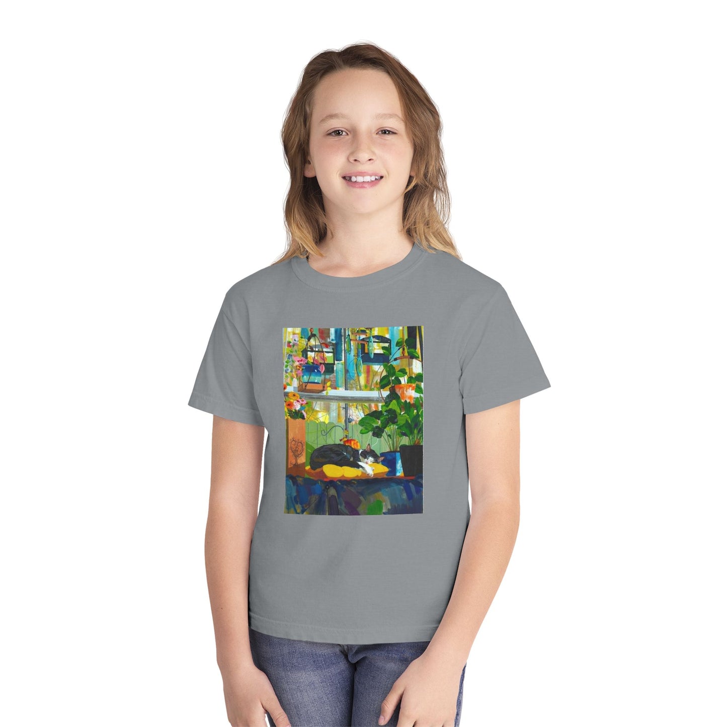 Youth Tee — Cozy Window Cat Print