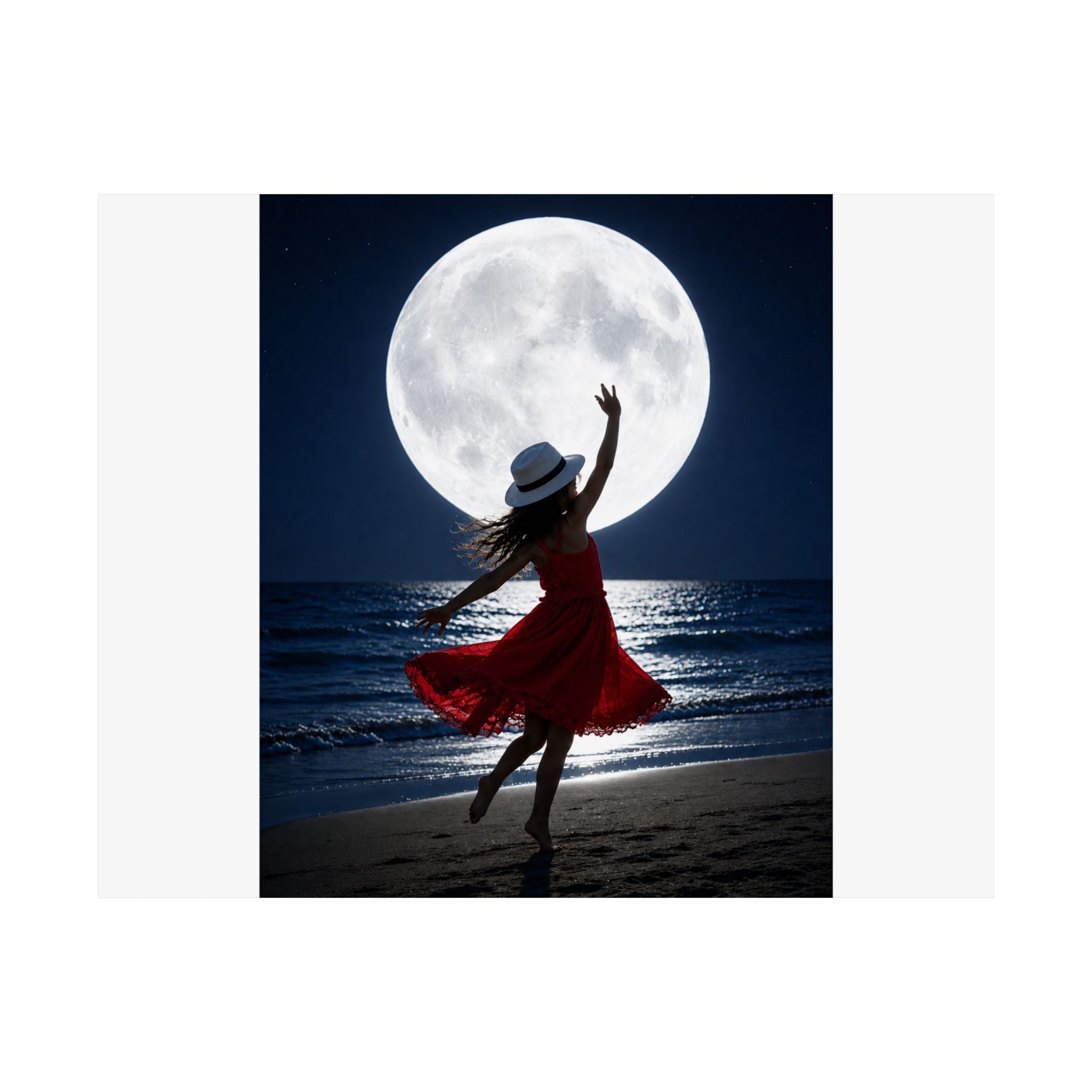 Moonlight Dance Beach Poster — Woman in Red Dress Silhouette Matte Horizontal Art Print