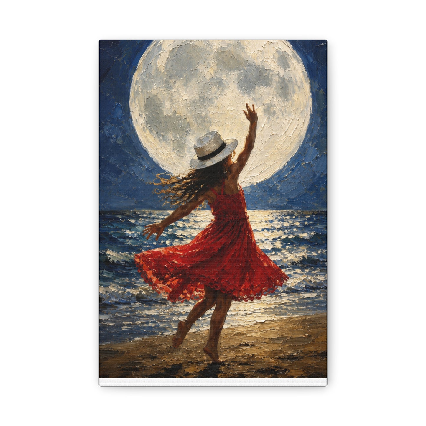 Moonlit Dance Canvas Wall Art – Woman in Red Dress Beach Painting