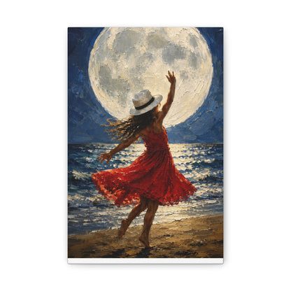 Moonlit Dance Canvas Wall Art – Woman in Red Dress Beach Painting