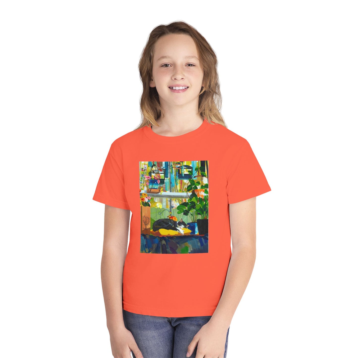 Youth Tee — Cozy Window Cat Print