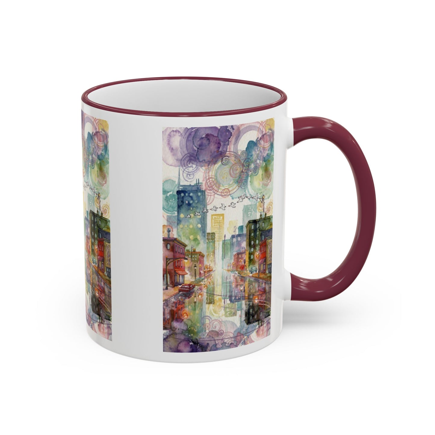 Abstract Cityscape Accent Rim Mug – Colorful Urban Watercolor Coffee Cup (11oz/15oz)