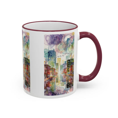 Abstract Cityscape Accent Rim Mug – Colorful Urban Watercolor Coffee Cup (11oz/15oz)